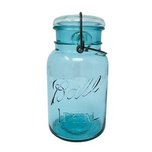 Antique 1908 Quart Size Ball Jar Ideal Blue Vintage Canning Jars Clear Glass Lid